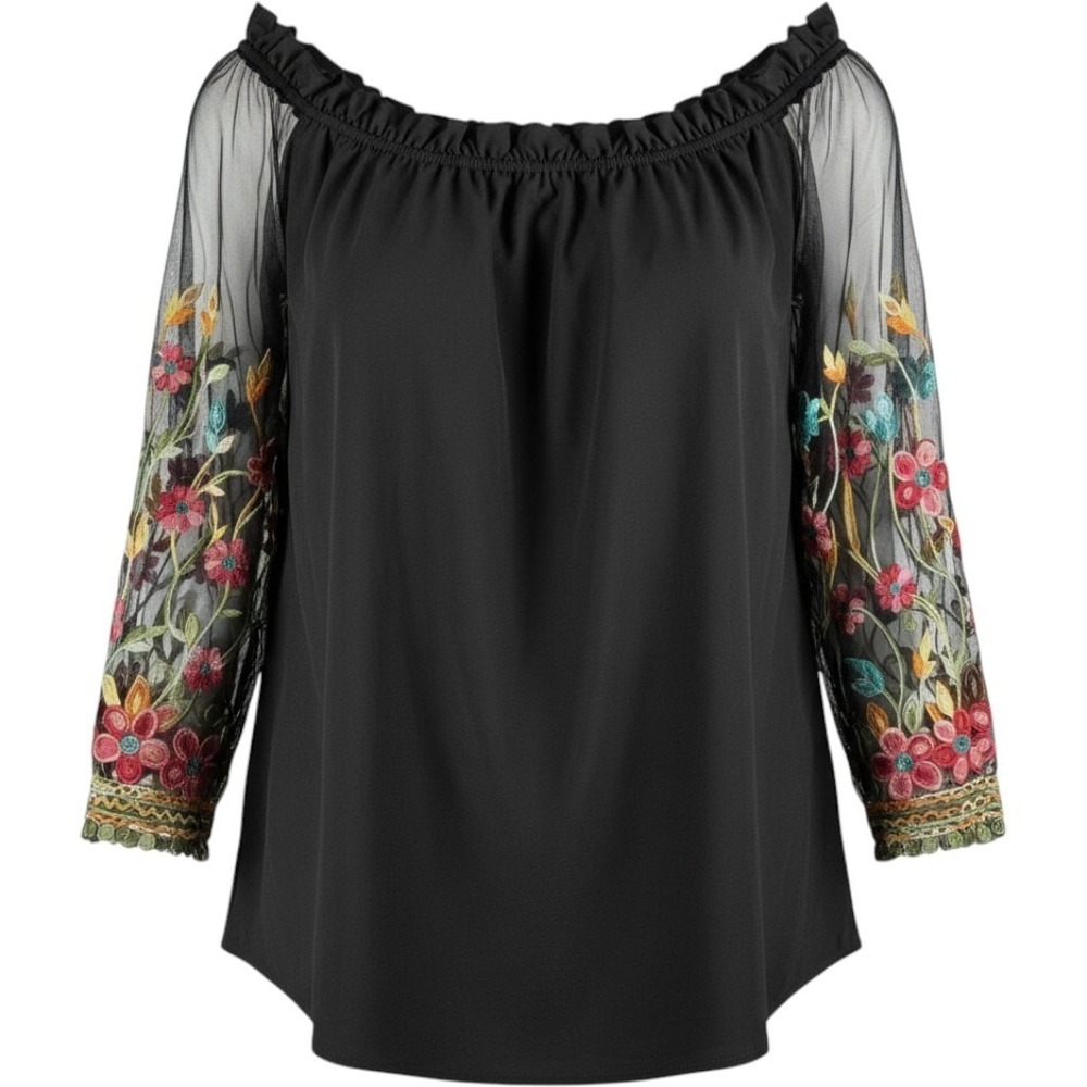 Shein Curve Embroidered Mesh Sleeve Blouse Women XXL Black Off Shoulder Top